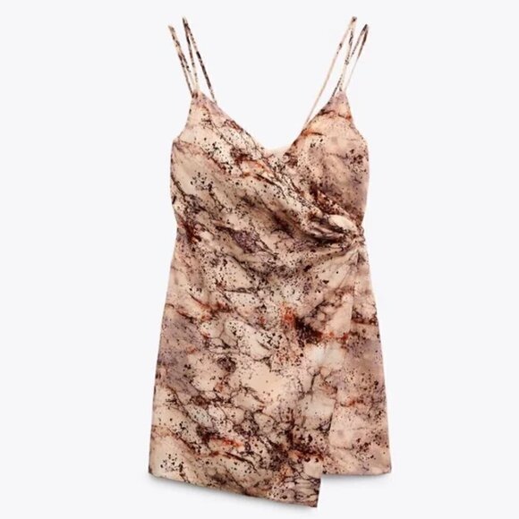 Zara Mini Dress S Satin Effect Wrap Slip Marble Print V-Neck Blogger Fav Neutral - Picture 3 of 9